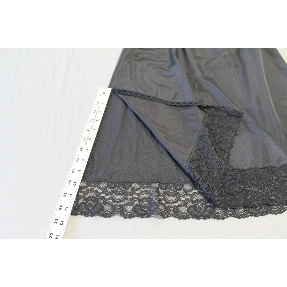 Vintage Sears Medium Black Half Slip Lace Detail Elastic Waist Side Slit 80s 90s